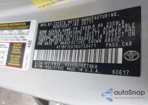 2011 Toyota Camry Le from USA, damaged, VIN 4T1BF3EK3BU750471